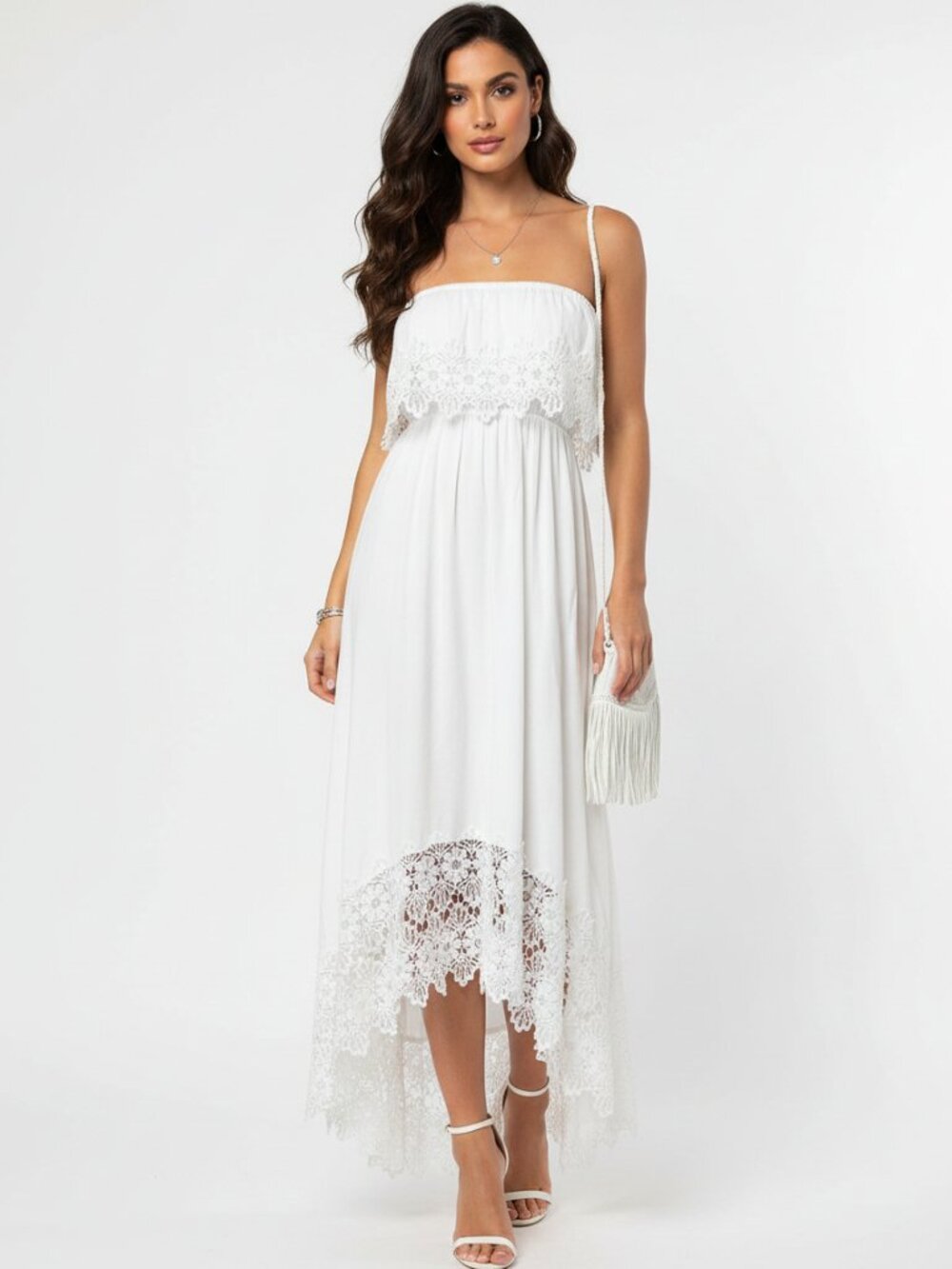 Solitaire‎ Swim White Strapless Crochet Lace Asymmetric Hem Midi Dress S